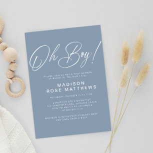 Invitation Oh garçon Script moderne Baby shower bleu poussiér