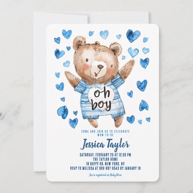 Invitation Oh Garçon Teddy Ours Bleu Coeurs Baby shower garço (Devant)