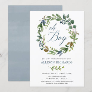 Invitation Oh garçon verdure feuille poussiéreux bleu marine 
