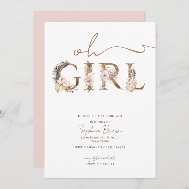 Invitation Oh Girl Boho Fleurs tropicales Baby shower fille (Devant / Derrière)