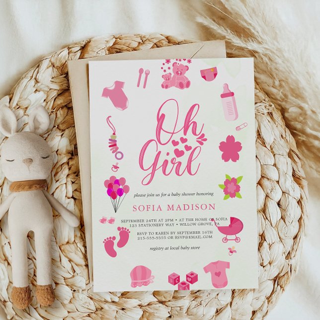 Invitation Oh Girl mignon Baby shower cadre rose (Créateur téléchargé)