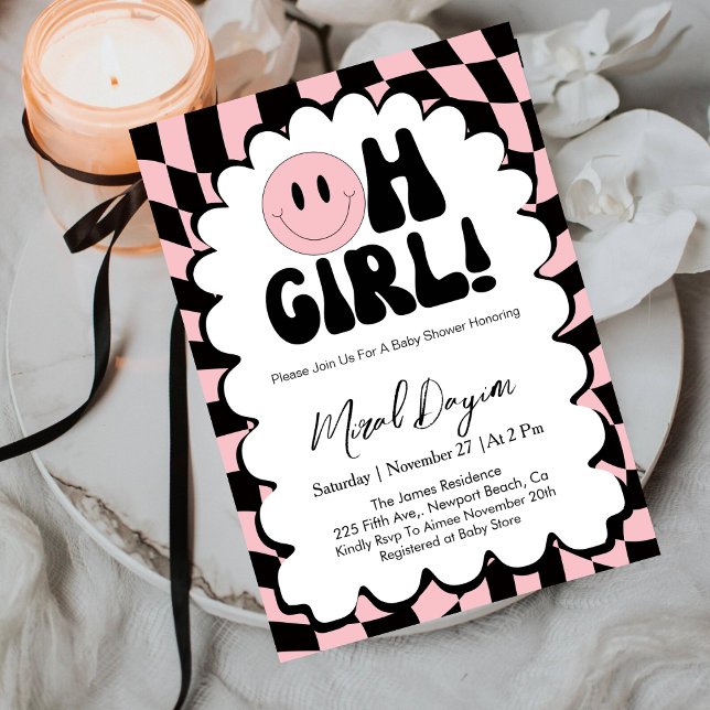 Invitation Oh Girl! Pink Checkered Happy Face Baby Shower (Créateur téléchargé)