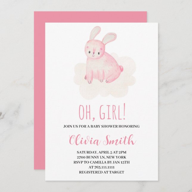 Invitation Oh Girl Sweet Bunny Baby shower d'aquarelle (Devant / Derrière)