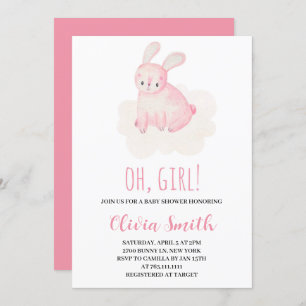 Invitation Oh Girl Sweet Bunny Baby shower d'aquarelle