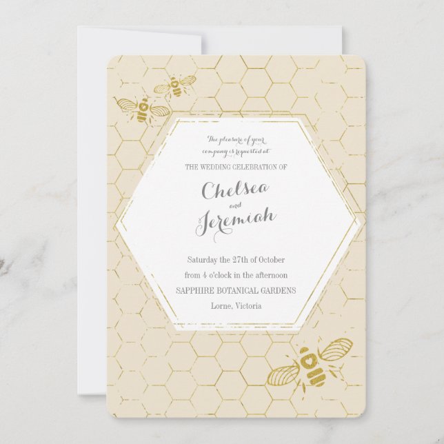 Invitation Oh Honey Bee Cream Gold Custom Wedding (Devant)