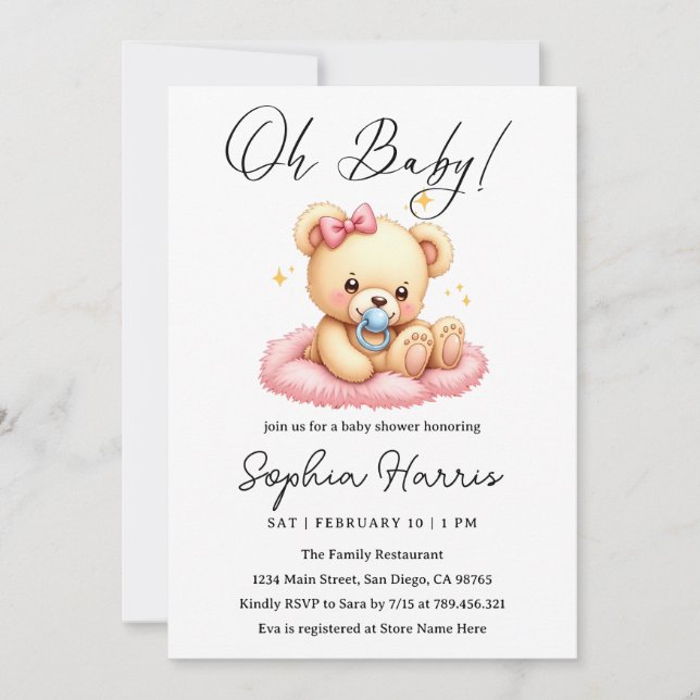 Invitation Oh ma petite fille Baby shower rose (Devant)