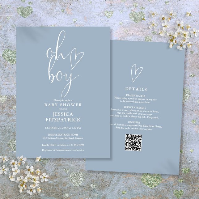 Invitation Oh Mon Coeur Dusty Bleu Garçon Tout En Un Baby sho (Oh Boy Heart Dusty Blue Boy All In One Baby Shower Invitation)