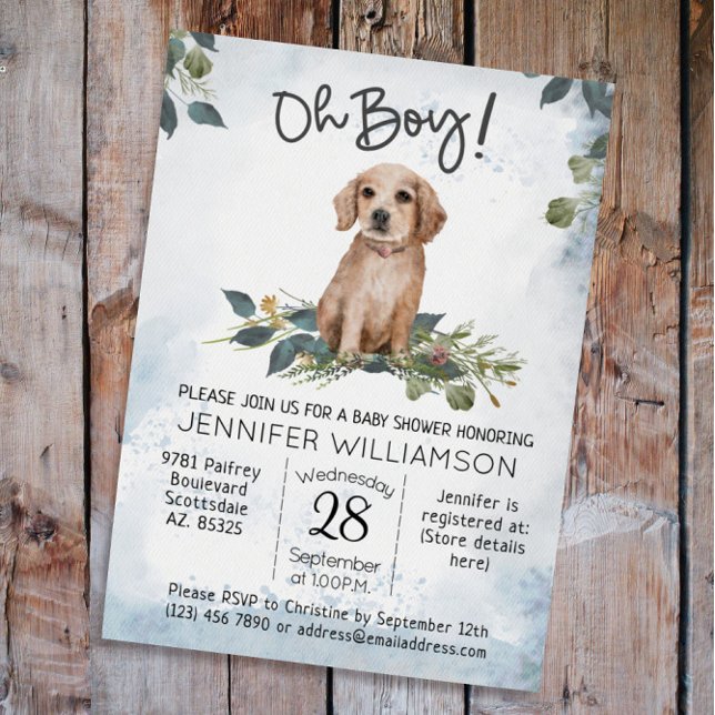 Invitation Oh mon Dieu ! Aquarelle de Chien de Chien de Chien (Oh Boy! Puppy Dog Baby Shower Retriever  Watercolor)