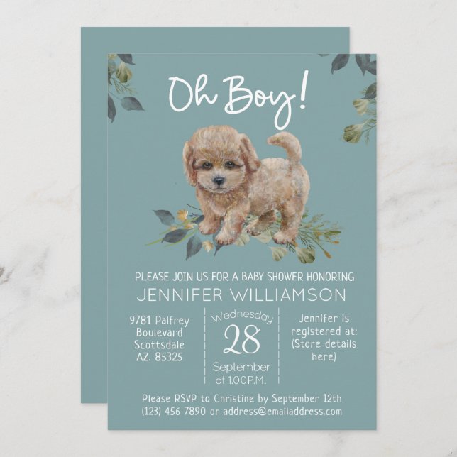 Invitation Oh mon Dieu ! Baby shower chien mignon Labradoodle (Devant / Derrière)