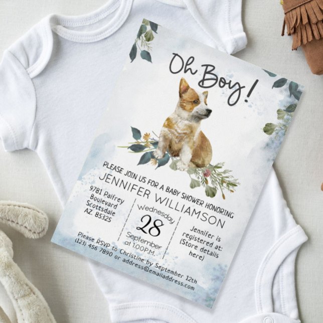 Invitation Oh mon Dieu ! Baby shower d'aquarelle moderne Corg (Oh Boy! Corgi Puppy Boy Baby Shower Invitation)