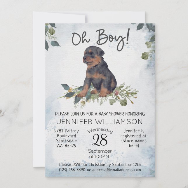 Invitation Oh mon Dieu ! Baby shower d'aquarelle Rottweiler P (Devant)