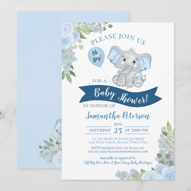 Invitation Oh mon Dieu ! Baby shower Floral bleu Eléphant (Devant / Derrière)