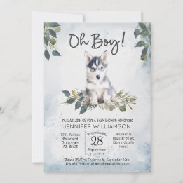 Invitation Oh mon Dieu ! Baby shower Husky Puppy Watercolor I