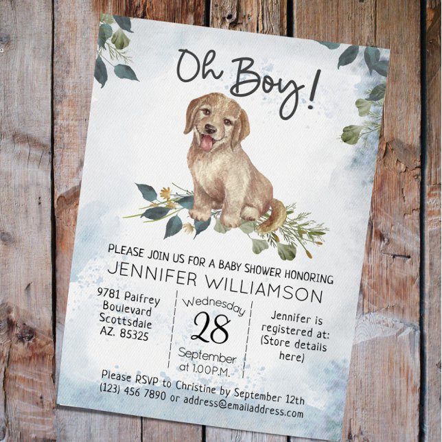 Invitation Oh mon Dieu ! Baby shower Puppy Modern Watercolor (Oh Boy! Labrador Puppy Dog Baby Shower invitation)