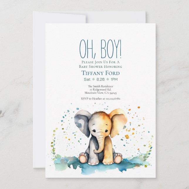 Invitation Oh mon Dieu ! Baby shower Safari éléphant bébé ver (Devant)