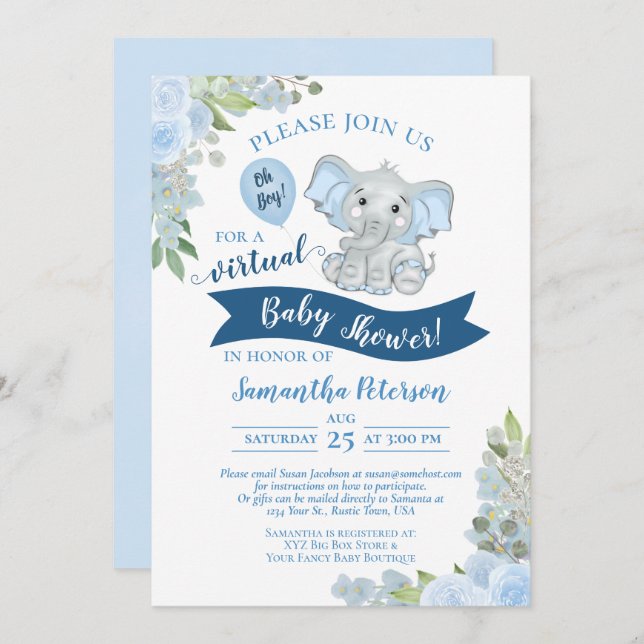 Invitation Oh mon Dieu ! Blue Elephant & Floral Baby shower v (Devant / Derrière)