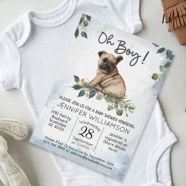 Invitation Oh mon Dieu ! Carlin Puppy Baby shower Aquarelle m (Oh Boy! Cute Modern Watercolor Pug Puppy baby Shower Invitation)