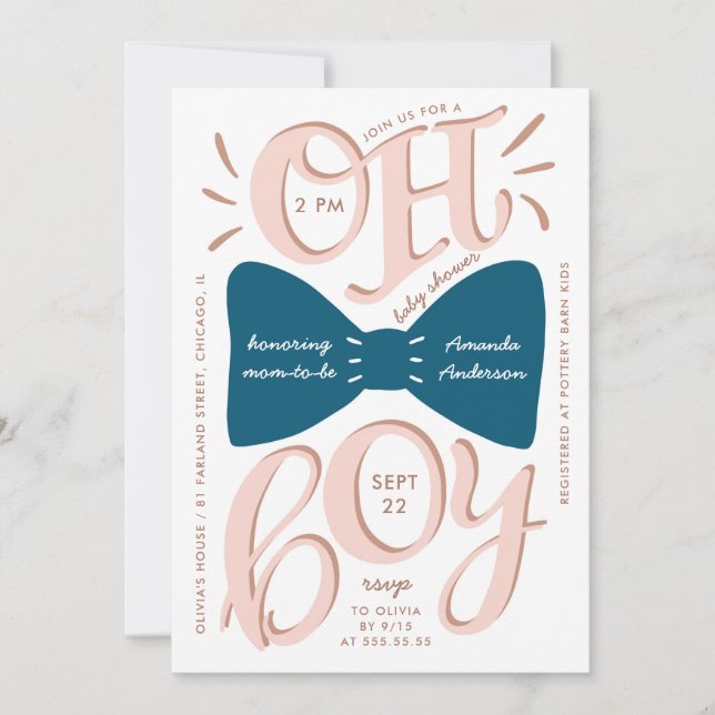 Invitation Oh mon dieu. Cravate arc bleu baby shower de typog (Devant)