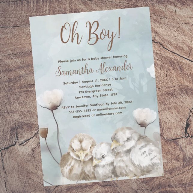Invitation Oh mon garçon ! baby shower d'aquarelle bleu (Oh Boy! Blue boho watercolor duck parents with baby duck.  Baby  shower invitation.  Whimsical.)