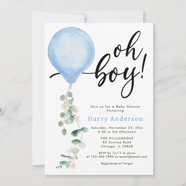Invitation Oh mon garçon ballon vert baby shower eucalyptus (Devant)