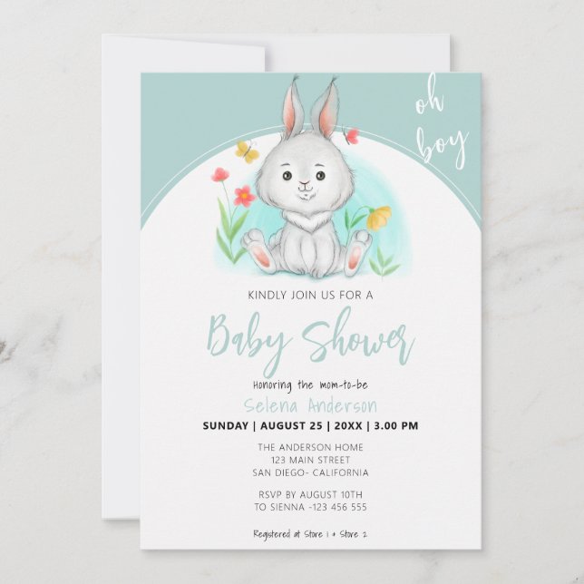 Invitation Oh mon garçon | Bunny Rabbit Baby shower Invitatio (Devant)