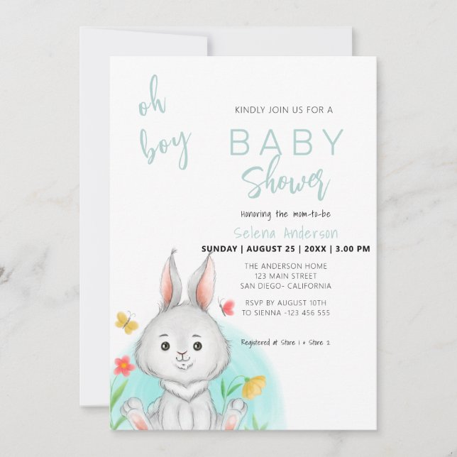 Invitation Oh mon garçon | Bunny Rabbit Baby shower Invitatio (Devant)