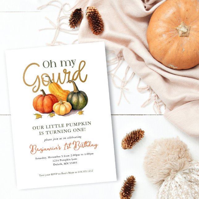 Invitation Oh Mon Gourdin Petit Citrouille 1er Anniversaire (Oh My Gourd Little Pumpkin 1st Birthday Invitation. First Birthday invite. Gender neutral birthday.)