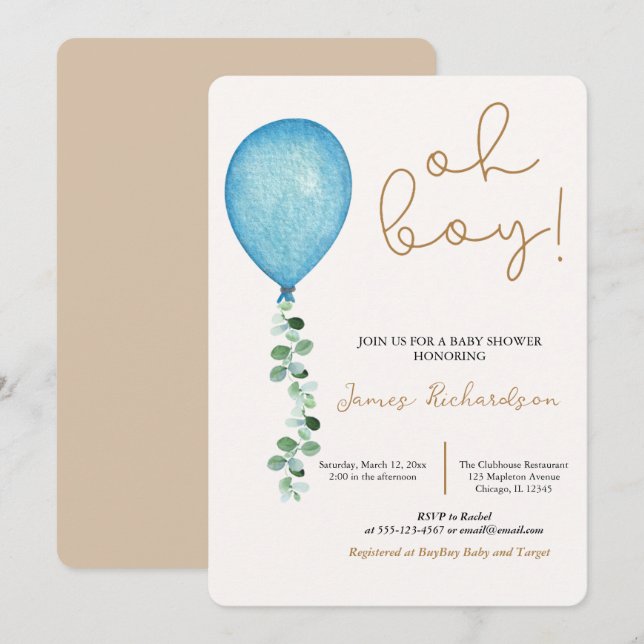 Invitation Oh niño beige moderne globos azules bebé (Devant / Derrière)