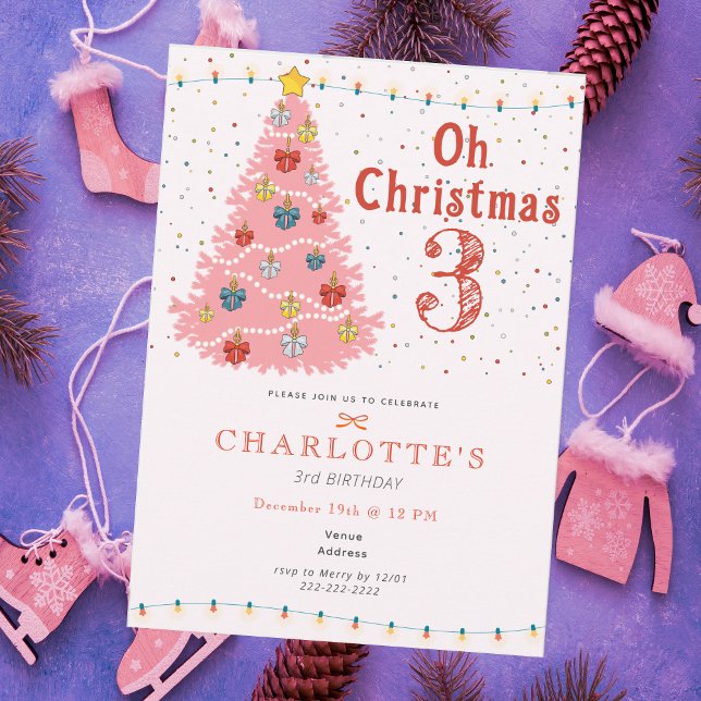 Invitation Oh Noël Trois Fille 3ème Anniversaire (Oh Christmas Three Pink Girl 3rd Birthday Invitation)