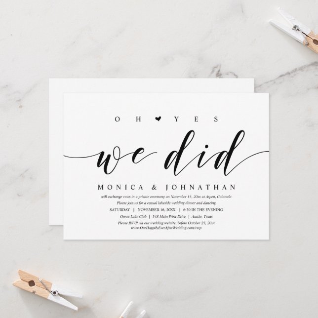 Invitation Oh Oui, Nous L'avons Fait, Dîner de Fuite de Noces (Devant/Arrière en situation)