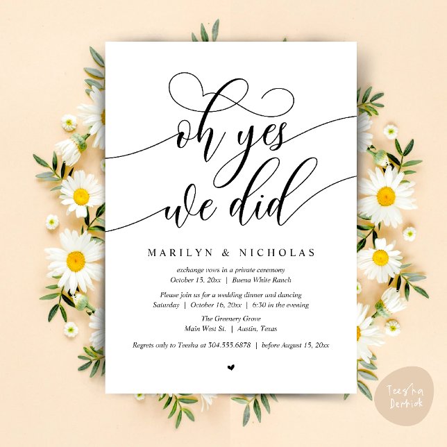 Invitation Oh oui, nous l'avons fait, dîner de mariage en fui (Oh Yes, We Did, Wedding Elopement Dinner Romantic Modern Party Invitation Card PDF Black White)
