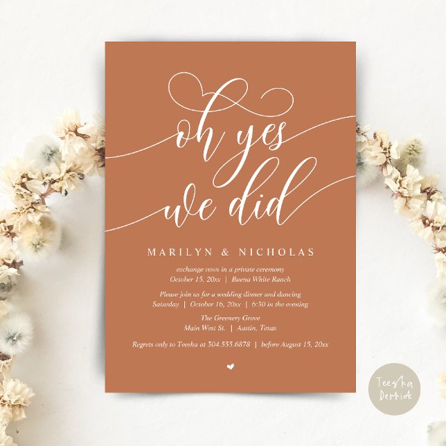 Invitation Oh oui, nous l'avons fait, dîner de mariage en fui (Oh Yes, We Did, Wedding Elopement Dinner Romantic Modern Party Invitation Card PDF Copper Earthy )