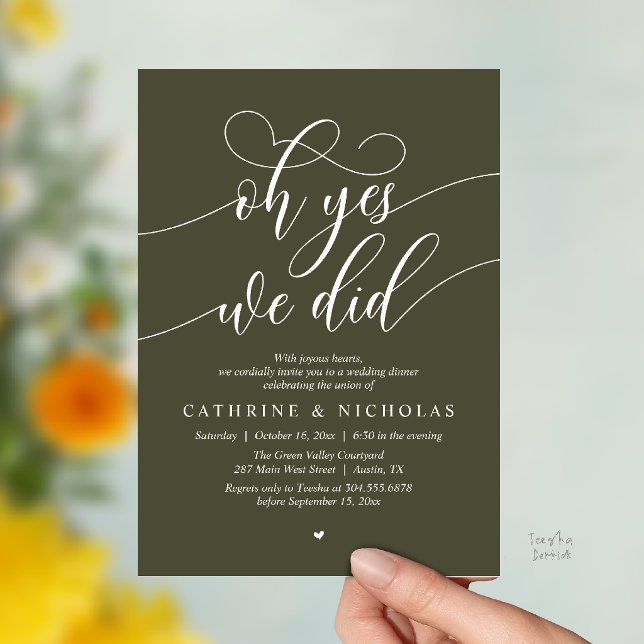 Invitation Oh oui, nous l'avons fait, dîner d'élopement de ma (Oh Yes, We Did, Modern Romantic Wedding Elopement Dinner Invitation Card in Olive Green)