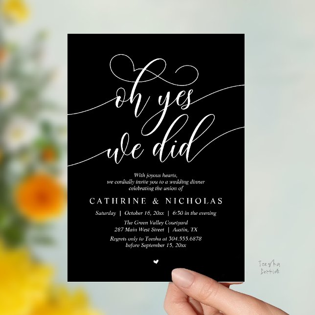 Invitation Oh oui, nous l'avons fait, dîner d'élopement de ma (Oh Yes, We Did, Modern Romantic Wedding Elopement Dinner Invitation Card in Black and White)