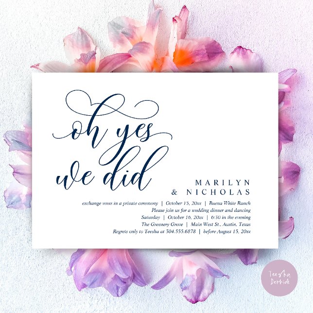 Invitation Oh Oui, nous l'avons fait, Dîner Mariage moderne e (Oh Yes, We Did, Wedding Elopement Dinner Romantic Modern Party Invitation Card PDF Navy Blue)