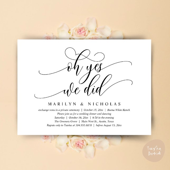 Invitation Oh Oui, nous l'avons fait, Dîner Mariage moderne e (Oh Yes, We Did, Wedding Elopement Dinner Romantic Modern Party Invitation Card PDF Black White)