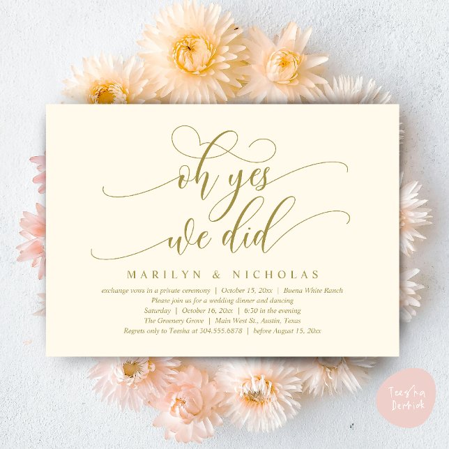 Invitation Oh Oui, nous l'avons fait, Dîner Mariage moderne e (Oh Yes, We Did, Wedding Elopement Dinner Romantic Modern Party Invitation Card PDF Yellow Gold)