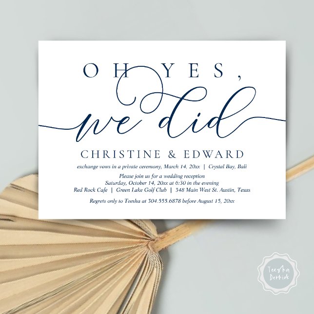 Invitation Oh Oui, Nous L'Avons Fait, Dîner Romantique Mariag (Oh Yes, We Did, Wedding Elopement Dinner Invitation Card, PDF, Modern Romantic, in navy Blue)