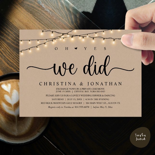 Invitation Oh Oui, Nous L'Avons Fait, Dîner Rustique Mariage  (Oh Yes, We Did, Rustic Wedding Dinner Elopement Invitation Card, PDF, String Lights Brown Kraft)