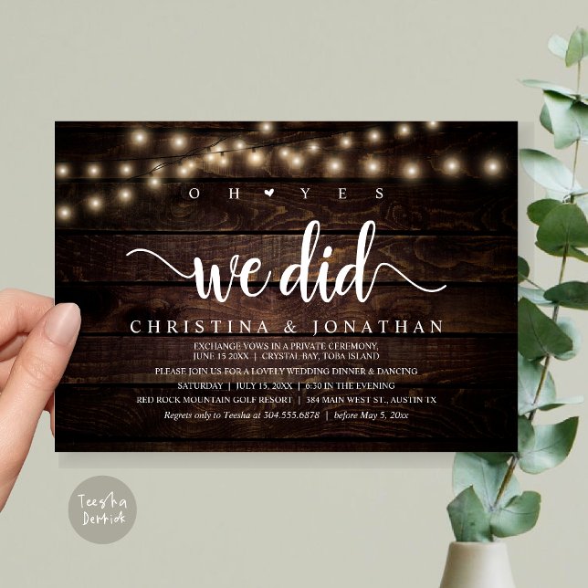 Invitation Oh Oui, Nous L'Avons Fait, Dîner Rustique Mariage  (Oh Yes, We Did, Rustic Wedding Dinner Elopement Invitation card, pdf, in cottage dark wood)