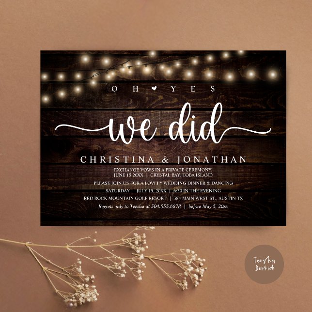 Invitation Oh Oui, Nous L'Avons Fait, Dîner Rustique Mariage  (Oh Yes, We Did, Rustic Wedding Dinner Elopement Invitation card, pdf, in cottage dark wood)