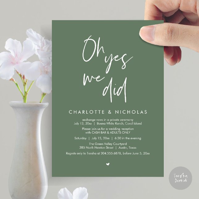 Invitation Oh Oui, Nous L'Avons Fait, Mariage Dinner Party Ca (Oh Yes, We Did, Modern Wedding Elopement Reception Dinner Party Invites Card PDF Forest Sage Green)