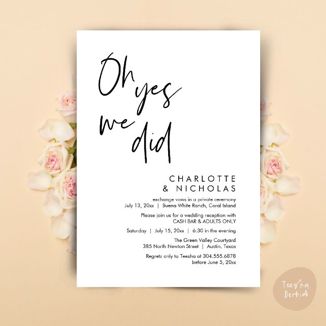 Invitation Oh Oui, Nous L'Avons Fait, Mariage Dinner Party Ca (Oh Yes, We Did, Modern Wedding Elopement Reception Dinner Party Invites Card PDF White Black)
