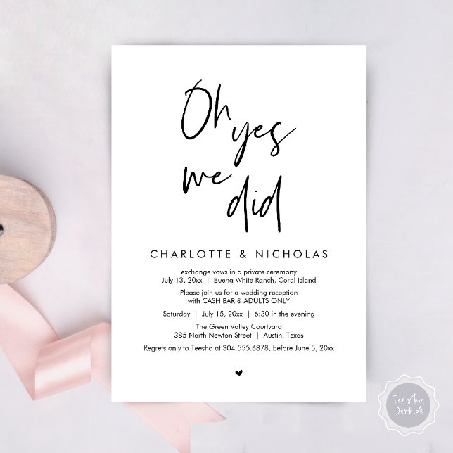 Invitation Oh Oui, Nous L'Avons Fait, Mariage Dinner Party Ca (Oh Yes, We Did, Modern Wedding Elopement Reception Dinner Party Invites Card PDF White Black)