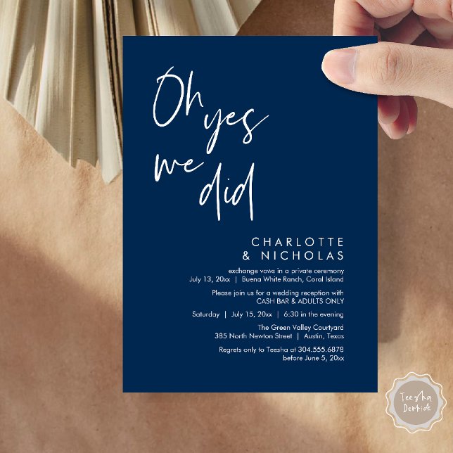 Invitation Oh Oui, Nous L'Avons Fait, Mariage Dinner Party Ca (Oh Yes, We Did, Modern Wedding Elopement Reception Dinner Party Invites Card PDF Navy Blue)