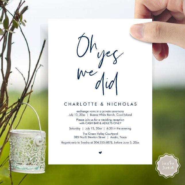 Invitation Oh Oui, Nous L'Avons Fait, Mariage Dinner Party Ca (Oh Yes, We Did, Modern Wedding Elopement Reception Dinner Party Invites Card PDF Navy Blue)