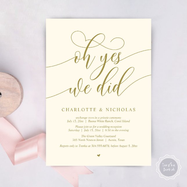 Invitation Oh Oui, On L'A Fait, Dîner Mariage Elopement (Oh Yes, We Did, Modern Wedding Elopement Reception Dinner Party Invites Card PDF Yellow Gold)