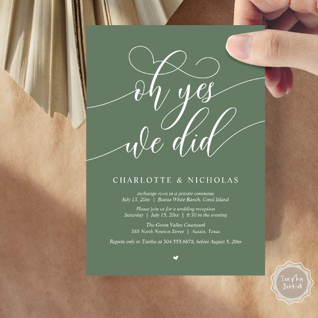 Invitation Oh Oui, On L'A Fait, Dîner Mariage Elopement (Oh Yes, We Did, Modern Wedding Elopement Reception Dinner Party Invites Card PDF Forest Sage Green)
