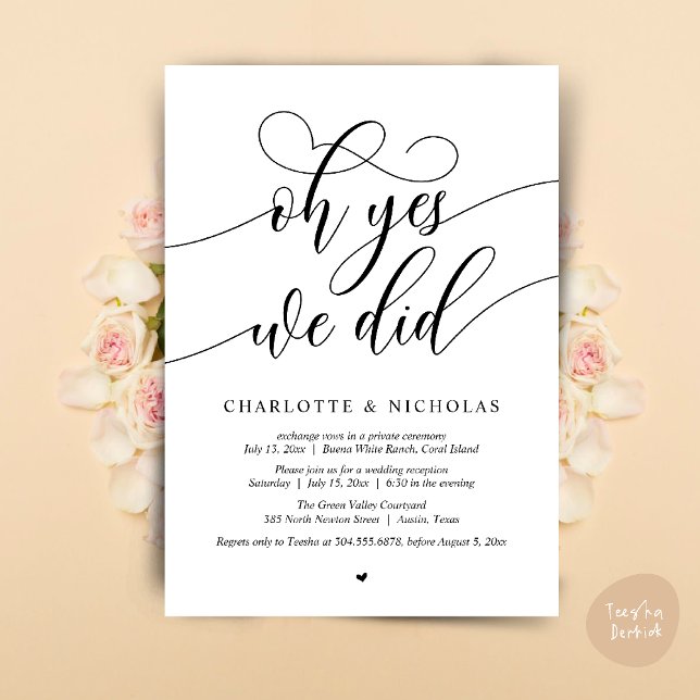Invitation Oh Oui, On L'A Fait, Dîner Mariage Elopement (Oh Yes, We Did, Modern Wedding Elopement Reception Dinner Party Invites Card PDF White Black)