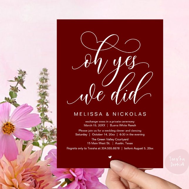 Invitation Oh Oui, On L'A Fait, Parti De L'Élévation Du Maria (Oh Yes, We Did, Romantic Modern Script Wedding Elopement Party Invitation Card PDF Burgundy Red)